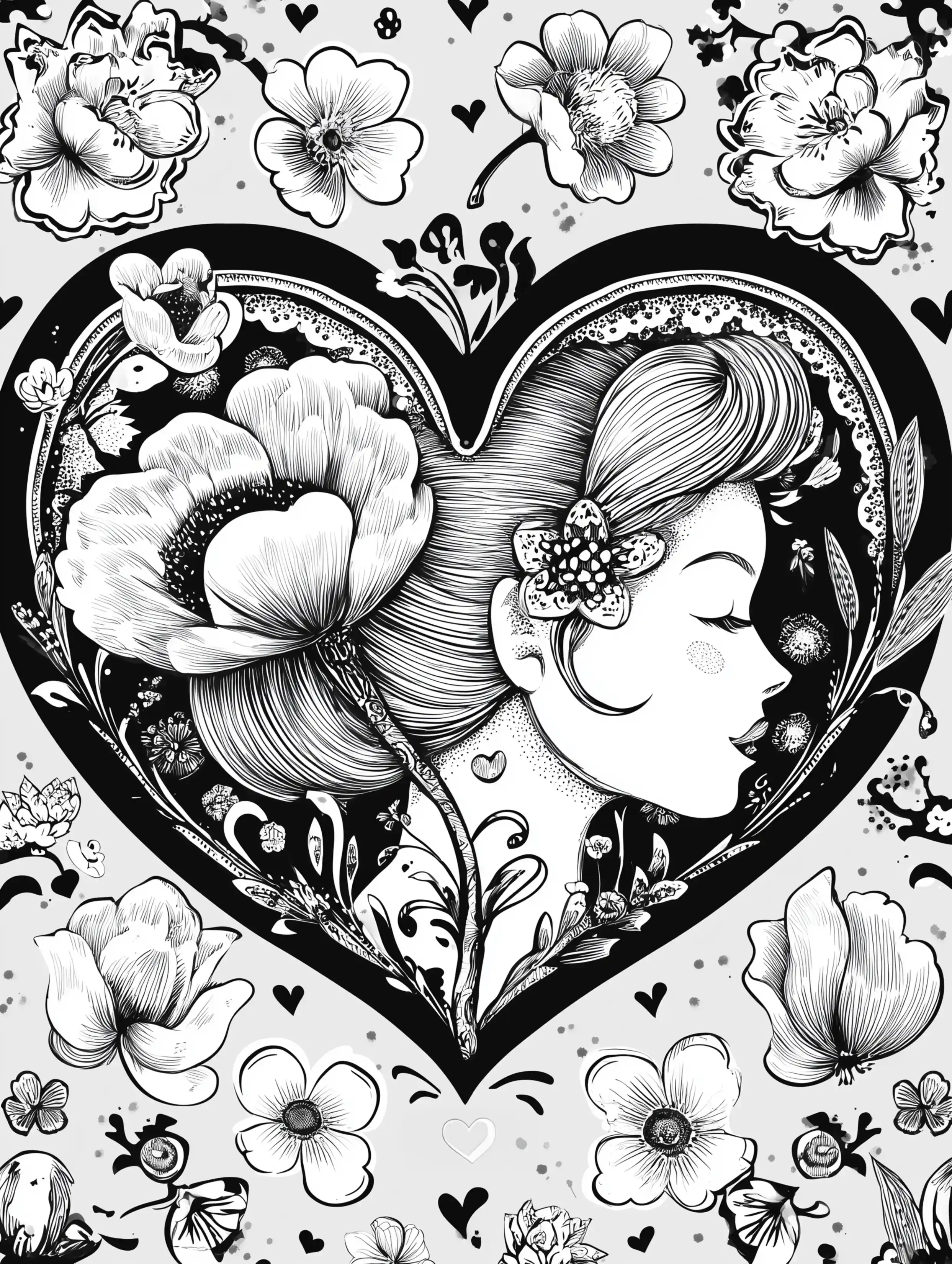 Free printable coloring page for your mom featuring a mom framed by hearts and flowers